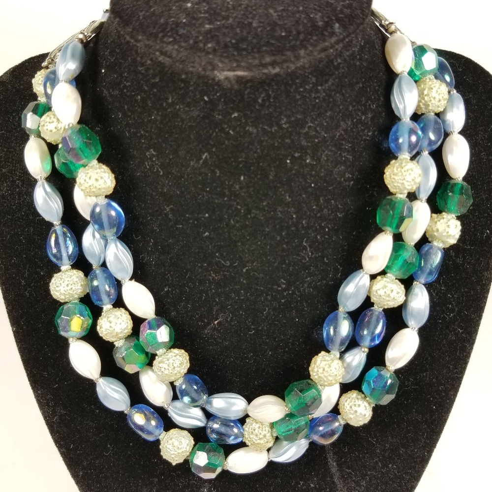 VTG Deauville Necklace Choker Multi Strand Blue
